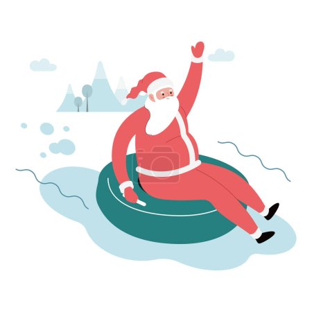 Modern flat vector illustration of cheerful Santa Claus on snow tubing sliding down on sloped holding, wearing red clothes, xmas activity on illustrative background