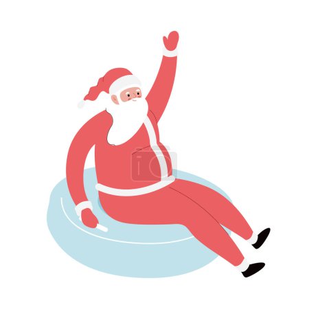 Moderne, flache Vektordarstellung des fröhlichen Weihnachtsmannes auf Schneeschläuchen, der auf abschüssigem Untergrund nach unten rutscht, rote Kleidung trägt, Weihnachtsaktivität