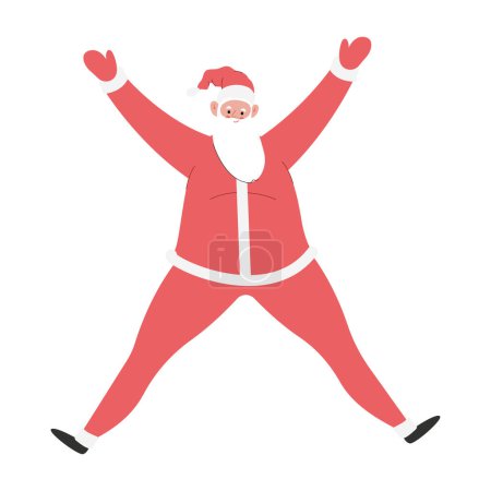 Modern flat vector illustration of cheerful Santa Claus jumping, wearing red clothes, xmas activity on white background