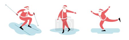 Illustration for Modern flat vector illustration of cheerful Santa Claus skiing downhill,  ice skating, wearing red clothes, winter background - Royalty Free Image