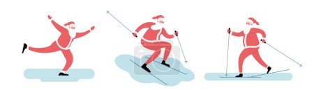 Moderne flache Vektordarstellung des fröhlichen Weihnachtsmannes beim Skifahren, Schlittschuhlaufen, Tragen roter Kleidung, Winterhintergrund