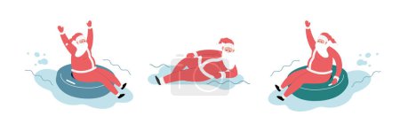 Modern flat vector illustration of cheerful Santa Claus on snow tubing sliding down on sloped holding, lying down, wearing red clothes, xmas activity on illustrative background