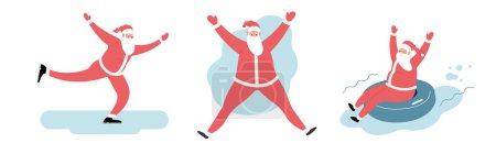 Modern flat vector illustration of cheerful Santa Claus ice skating, jumping, sliding down on snow tubbing, wearing red clothes, xmas activity on white background