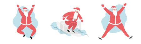 Téléchargez les illustrations : Illustration vectorielle plate moderne du Père Noël joyeux sautant, surfant, portant des vêtements rouges, fond de Noël - en licence libre de droit