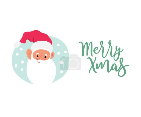 Téléchargez les illustrations : Illustration vectorielle plate moderne du Père Noël joyeux, texte Joyeux Noël isolé sur fond blanc - en licence libre de droit