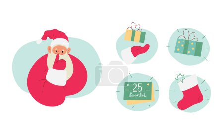 Téléchargez les illustrations : Illustration vectorielle plate moderne du Père Noël joyeux, montrant le geste shh, portant des vêtements rouges, divers badges de Noël : calendrier, boîte cadeau, chaussette sur fond de Noël - en licence libre de droit