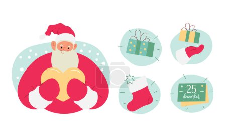 Illustration for Set Modern flat vector illustration of cheerful Santa Claus, holding heart with both hands, wearing red clothes, various Christmas badges: gift box, Christmas sock, calendar, on xmas background - Royalty Free Image