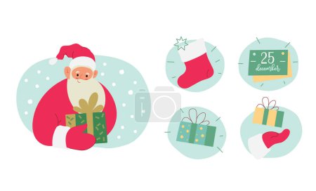 Téléchargez les illustrations : Set illustration vectorielle plat moderne de joyeux Père Noël, tenant boîte cadeau, portant des vêtements rouges, divers insignes de Noël : boîte cadeau, chaussette de Noël, calendrier, sur fond de Noël - en licence libre de droit