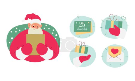 Téléchargez les illustrations : Illustration vectorielle plate moderne du Père Noël joyeux, tenant une feuille d'or de papier, portant des vêtements rouges, divers badges de Noël : calendrier, boîte cadeau, enveloppe sur fond de Noël - en licence libre de droit