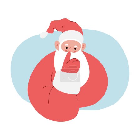 Illustration for Modern flat vector illustration of cheerful Santa Claus, showing shh gesture with index finger near mouth, wearing red clothes - Royalty Free Image