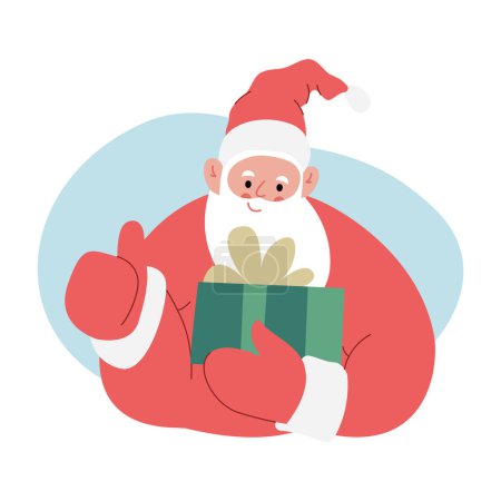 Ilustración de Moderna ilustración vectorial plana de Papá Noel alegre, mostrando los pulgares hacia arriba gesto y la celebración de la caja de regalo, con ropa roja - Imagen libre de derechos