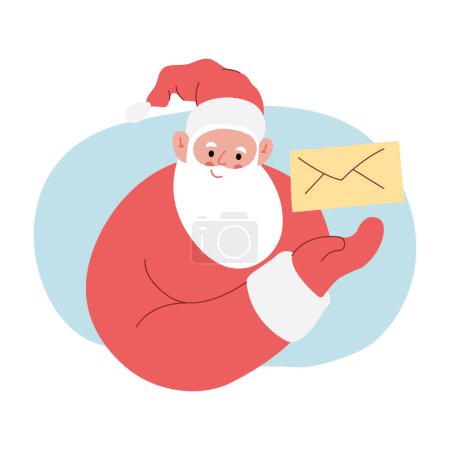Illustration for Modern flat vector illustration of cheerful Santa Claus, showing gesture on envelope, wearing red clothes - Royalty Free Image