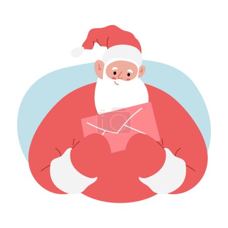 Téléchargez les illustrations : Illustration vectorielle plate moderne du Père Noël joyeux, tenant l'enveloppe avec les deux mains, portant des vêtements rouges - en licence libre de droit