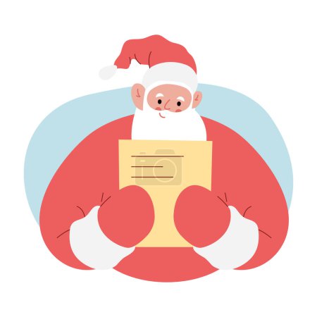 Modern flat vector illustration of cheerful Santa Claus, holding yellow sheet of paper with the list, wearing red clothes