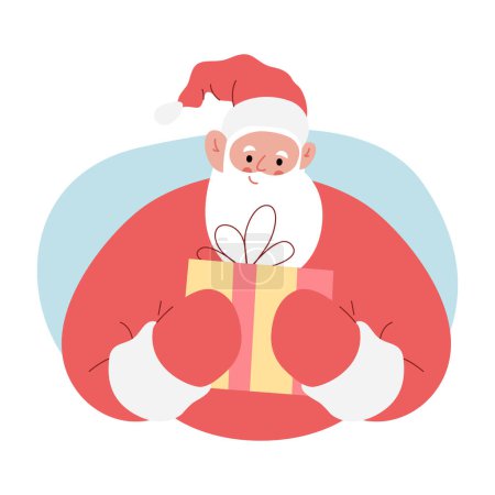 Téléchargez les illustrations : Illustration vectorielle plate moderne du Père Noël joyeux, tenant une boîte cadeau avec les deux mains, portant des vêtements rouges - en licence libre de droit