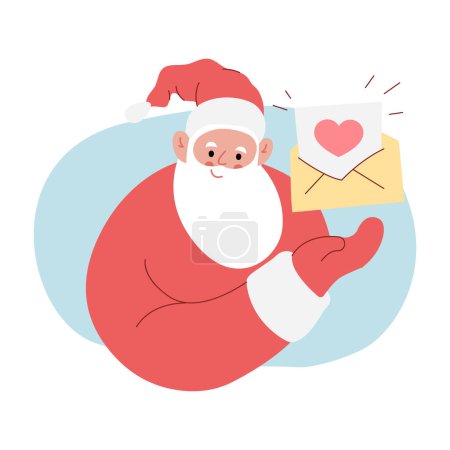 Illustration for Modern flat vector illustration of cheerful Santa Claus, showing gesture on open envelop with paper sheet and heart on it, wearing red clothes - Royalty Free Image