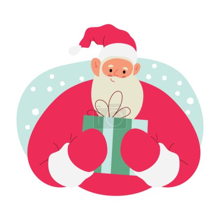 Téléchargez les illustrations : Illustration vectorielle plate moderne du Père Noël joyeux, tenant une boîte cadeau avec les deux mains, portant des vêtements rouges, neige sur un fond - en licence libre de droit