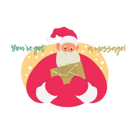Illustration for Modern flat vector illustration of cheerful Santa Claus, holding envelop with both hands, wearing red clothes, text You've got a message on xmas background - Royalty Free Image
