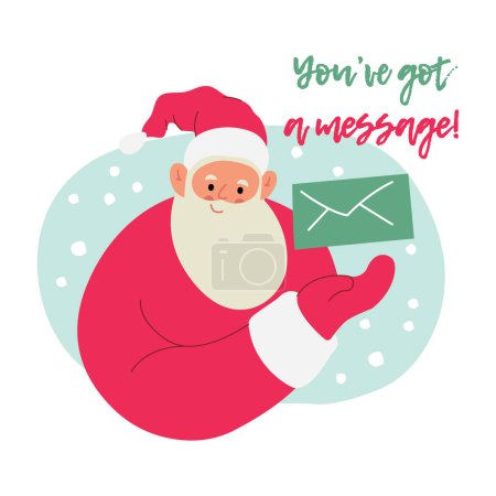 Ilustración de Moderna ilustración vectorial plana de Papá Noel alegre, mostrando gesto en el sobre, usando ropa roja, texto Tienes un mensaje en el fondo de Navidad - Imagen libre de derechos
