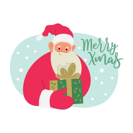 Téléchargez les illustrations : Illustration vectorielle plate moderne du Père Noël joyeux, tenant boîte cadeau, portant des vêtements rouges, texte Joyeux Noël sur fond de Noël - en licence libre de droit
