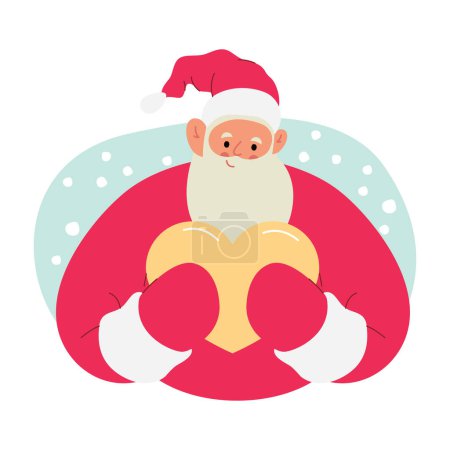 Illustration for Modern flat vector illustration of cheerful Santa Claus, holding heart with both hands, wearing red clothes on xmas background - Royalty Free Image