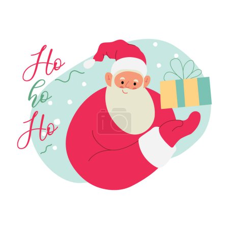 Téléchargez les illustrations : Illustration vectorielle plate moderne du Père Noël joyeux, montrant le geste sur la boîte cadeau, portant des vêtements rouges, texte Ho Ho Ho sur fond de Noël - en licence libre de droit