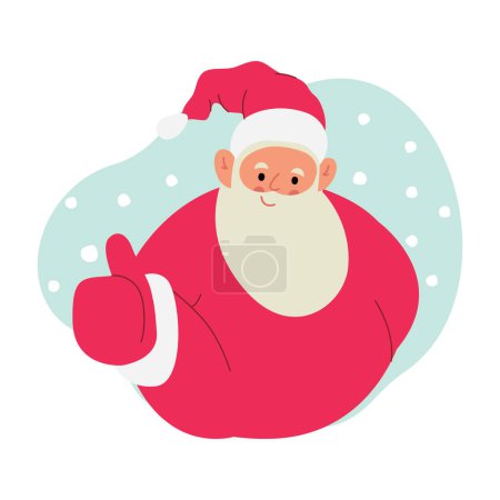 Foto de Moderna ilustración vectorial plana de Santa Claus alegre, mostrando los pulgares hacia arriba gesto, el uso de ropa roja, la nieve en el fondo - Imagen libre de derechos