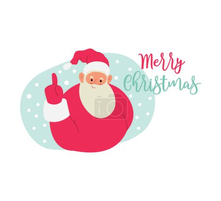 Ilustración de Moderna ilustración vectorial plana de Santa Claus alegre, el dedo índice hacia arriba, el uso de ropa roja, texto Feliz Navidad sobre fondo de Navidad - Imagen libre de derechos