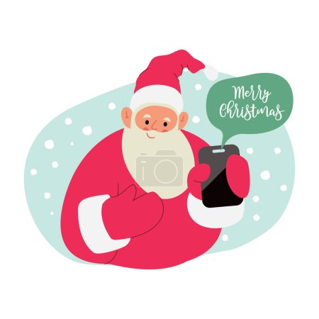 Téléchargez les illustrations : Illustration vectorielle plate moderne du Père Noël joyeux, montrant smartphone avec bulle de message Joyeux Noël, portant des vêtements rouges sur fond de Noël - en licence libre de droit
