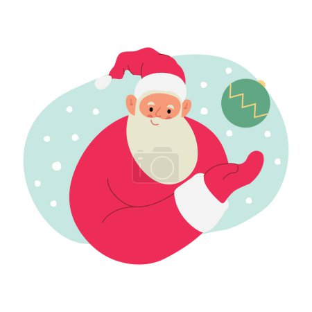 Téléchargez les illustrations : Illustration vectorielle plate moderne du Père Noël joyeux, montrant le geste sur la boule de Noël, portant des vêtements rouges sur fond de Noël - en licence libre de droit