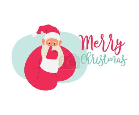 Illustration for Modern flat vector illustration of cheerful Santa Claus, showing shh gesture with index finger near mouth, wearing red clothes, text Merry Christmas on xmas background - Royalty Free Image