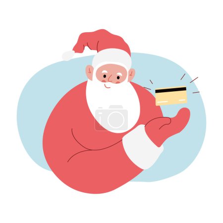 Ilustración de Moderna ilustración vectorial plana de Santa Claus alegre, mostrando gesto en la tarjeta de crédito de débito, usando ropa roja - Imagen libre de derechos