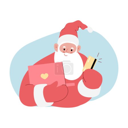 Modern flat vector illustration of cheerful Santa Claus, holding laptop and debit credit card, wearing red clothes