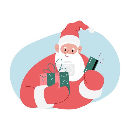 Modern flat vector illustration of cheerful Santa Claus, holding gift box and debit credit card, wearing red clothes