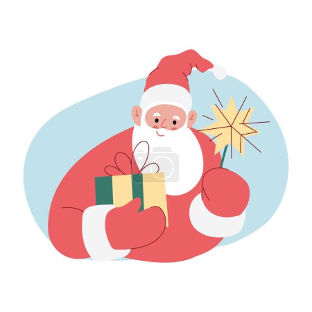 Téléchargez les illustrations : Illustration vectorielle plate moderne du Père Noël joyeux, tenant boîte cadeau et feu d'artifice, portant des vêtements rouges - en licence libre de droit