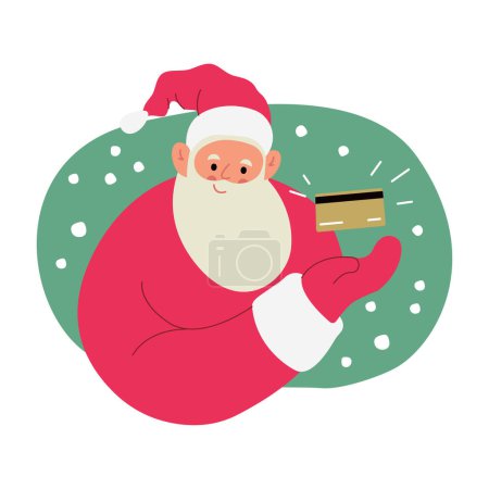 Illustration for Modern flat vector illustration of cheerful Santa Claus, showing gesture on debit credit card, wearing red clothes on xmas background - Royalty Free Image
