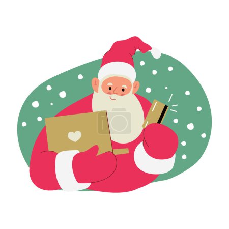 Téléchargez les illustrations : Illustration vectorielle plate moderne du Père Noël joyeux, tenant l'ordinateur portable et carte de crédit de débit, portant des vêtements rouges, fond de Noël - en licence libre de droit