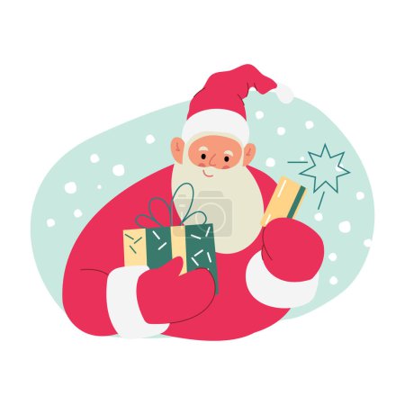 Illustration for Modern flat vector illustration of cheerful Santa Claus, holding gift box and debit credit card, wearing red clothes, Christmas background - Royalty Free Image