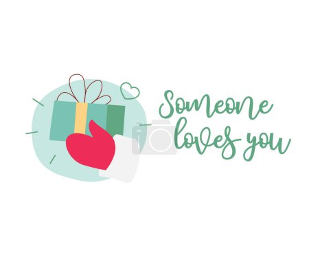 Illustration for Modern flat vector illustration of green gift box in hand, text Someone loves you isolated on white background - Royalty Free Image