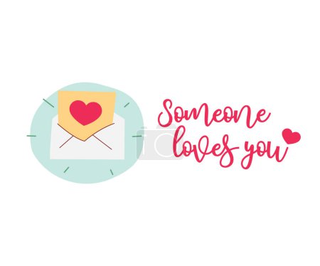 Illustration for Modern flat vector illustration of open envelop with heart on paper sheet, text Someone loves you isolated on white background - Royalty Free Image