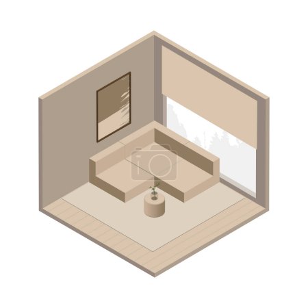 Illustration for Vector isometric low poly minimalistic cozy living room with various furniture. Modern vector illustration. - Royalty Free Image