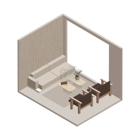 Illustration for Vector isometric low poly minimalistic cozy living room with various furniture. Modern vector illustration. - Royalty Free Image