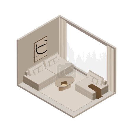 Vector isometric low poly minimalistic cozy living room with various furniture. Modern vector illustration.