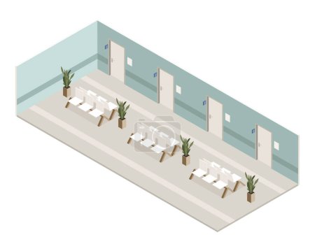 Vector isometric low poly minimalistic medical clinic interior mit verschiedenen Möbeln. Moderne Vektorillustration. Krankenhaus-Nebenräume, Wartebereich in der Nähe von Arztpraxen. 