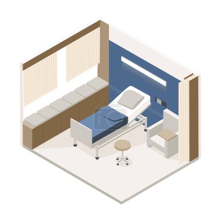 Vector isometric low poly minimalistic medical clinic interior mit verschiedenen Möbeln. Moderne Vektorillustration. Krankenhauszimmer.
