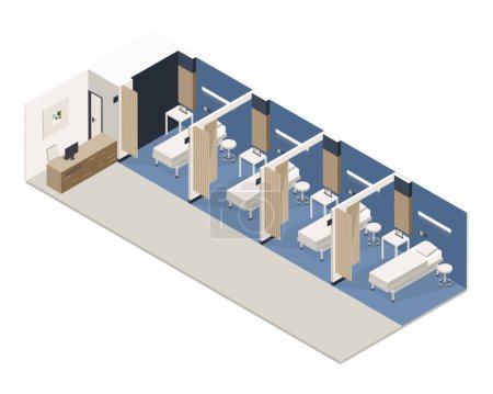 Vector isometric low poly minimalistic medical clinic interior mit verschiedenen Möbeln. Moderne Vektorillustration. Gemeinsames Krankenhauszimmer und Rezeption.