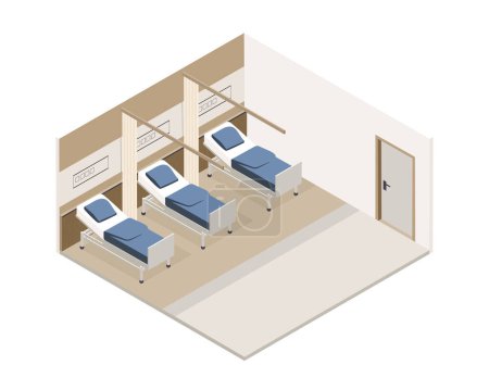 Vector isometric low poly minimalistic medical clinic interior mit verschiedenen Möbeln. Moderne Vektorillustration. Gemeinsames Krankenhauszimmer.