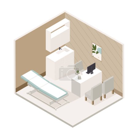 Vector isometric low poly minimalistic medical clinic interior mit verschiedenen Möbeln. Moderne Vektorillustration. Krankenhauszimmer. Ärztliche Praxis.