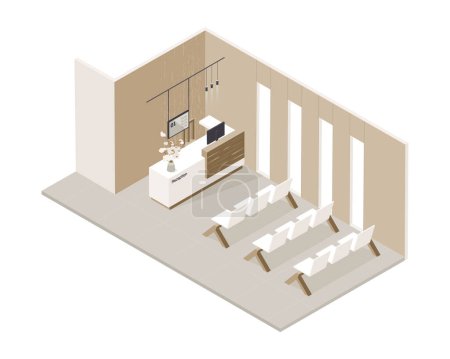 Vector isometric low poly minimalistic medical clinic interior mit verschiedenen Möbeln. Moderne Vektorillustration. Rezeption, Krankenhaus-Lobby, Nebenräume.