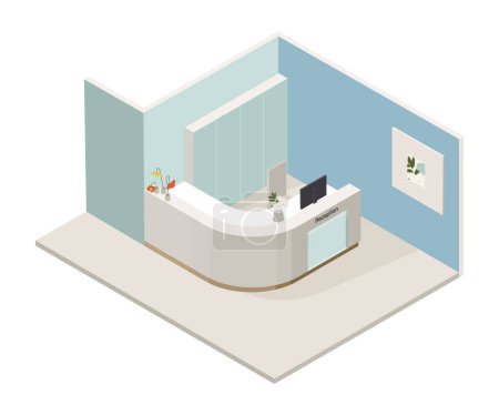 Vector isometric low poly minimalistic medical clinic interior mit verschiedenen Möbeln. Moderne Vektorillustration. Rezeption, Krankenhaus-Lobby.